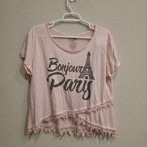 Cold Crush Pink Bonjour Paris Lace Hem Tee